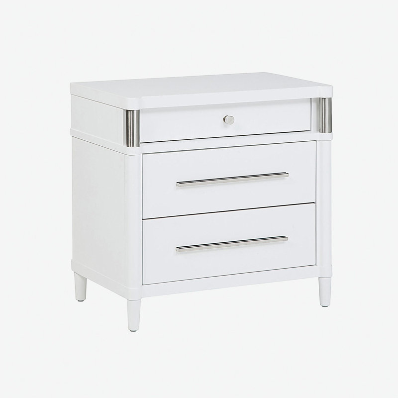 Table de chevet 3 tiroirs avec tiroir supérieur doublé de feutre, blanc
