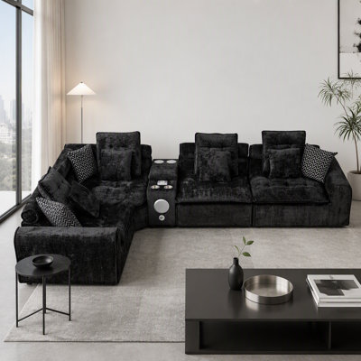 Canapé d'angle modulaire en laine d'agneau noire moelleuse de 350 cm (137,7 po), avec assise profonde et coussins décoratifs, idéal pour le salon.