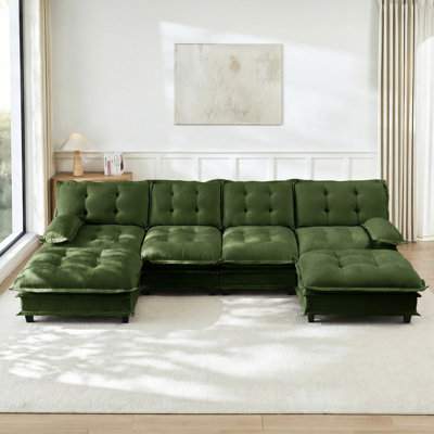Canapé en U 4 places en chenille avec 2 repose-pieds, idéal pour la chambre à coucher et un appartement, structure en tissu d'ameublement doux couleur chenille, conception modulaire flexible, respirant