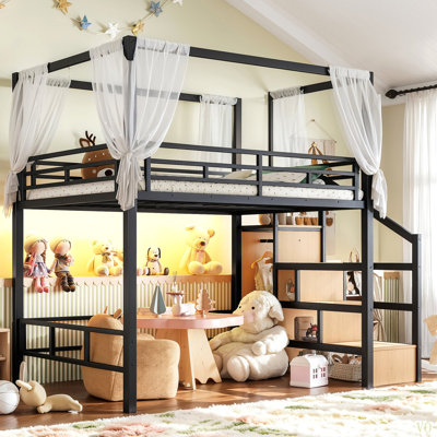 Lit mezzanine avec escalier de rangement et garde-robe, lit mezzanine en métal avec cadre à baldaquin et éclairage à DEL, conception spacieuse sous le lit