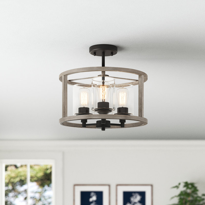 Kwong 3 - Light Living Room Steel Dimmable Glass Semi Flush Mount, Driftwood