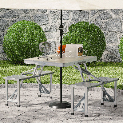 Outdoor Foldable Camping Table With Chair Seats And Umbrella Hole 4-Person Portable Picnic Table For BBQ Beach And Travel by Arlmont & Co.