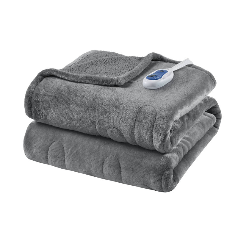 Gray Electric Heated Reversible Fleece Sherpa Throw Blanket