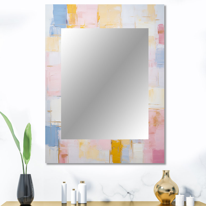 «Timeless Moments» en rose pastel, jaune et bleu - peinture murale abstraite, grand miroir moderne, impression sur métal