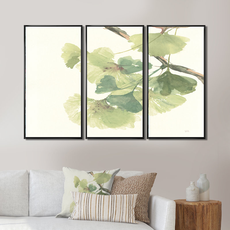 Watercolor Gingko Leaves II - 3 pièces, reproduction sur toile, 28" H x 36" W x 1" D, Cadre noir