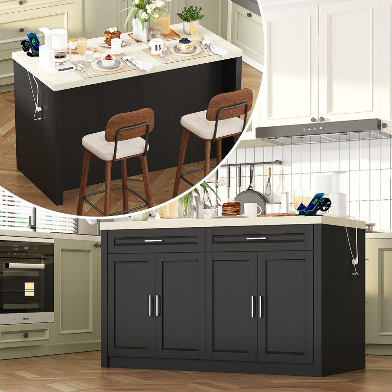 Multifunctional Kitchen Island With Charging Station, Black