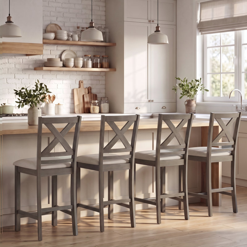 Tabouret de bar rembourré de 26 po en bois massif, Beige, Marron clair