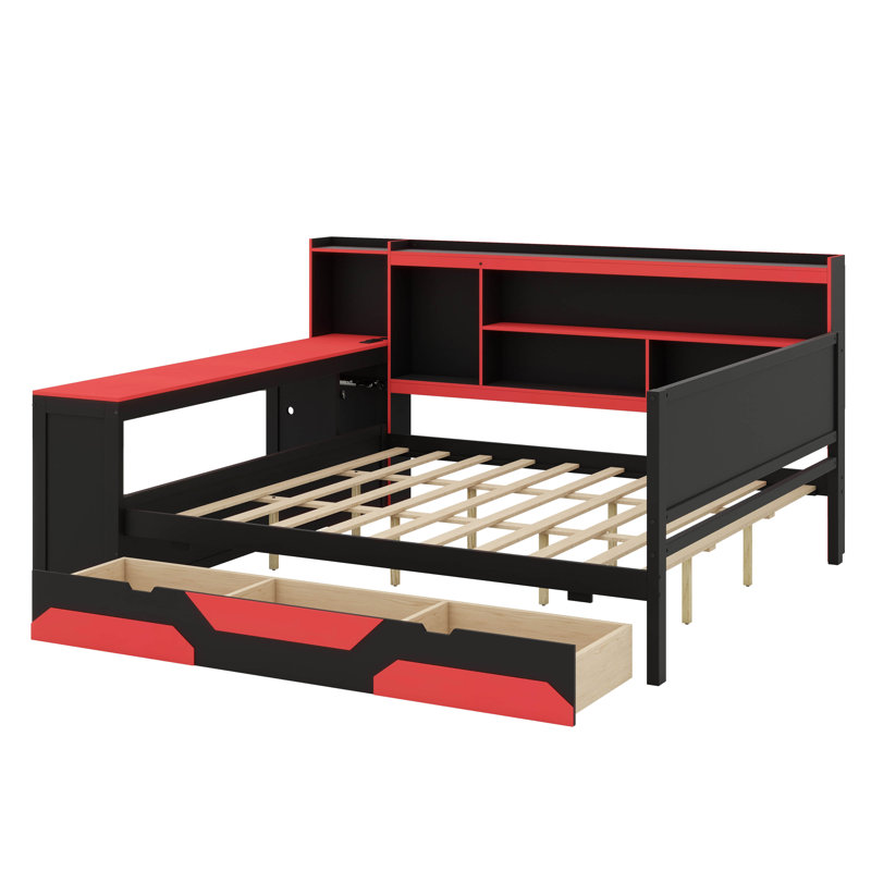 Lit de jour contemporain orienté jeu avec bureau et éclairage intégrés, structure de lit en bois comprenant 3 sections, tête de lit avec bibliothèque