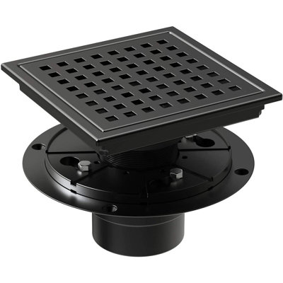 Drain de plancher de douche carré 6 po avec bride, grille Quadrato amovible et crépine, acier inoxydable Sus 304, noir mat