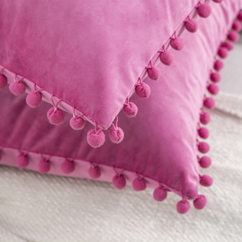 Velvet Pompom Collection Silky Velvet Series Pom Pom Decorative Throw Pillow(Set of 2), Polyester, Pink