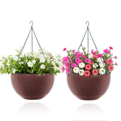 Set of 2 Self Watering Hanging Planters, 13.8 Inch Large Resin Rattan-Style Baskets with Drainage Plug & Triple Metal Chains, Indoor Outdoor Planter for Garden, Patio & Balcony