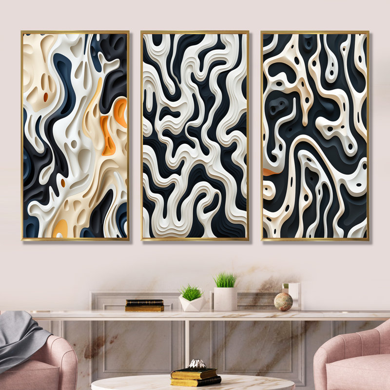 Black White Labyrinth Pattern, Gold Floater Framed, 32" H x 48" W