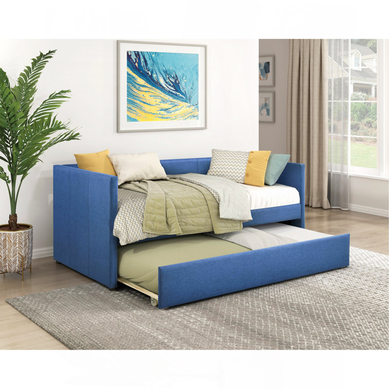 1Pc Daybed With Trundle Blue Fabric Upholstery Wooden Frame Modern Home Furniture, Blue