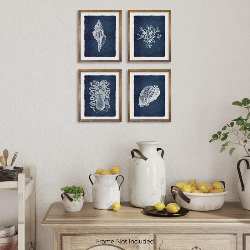 Impression d'art nautique bleu marine marine - coquillage, herbe et pieuvre côtière