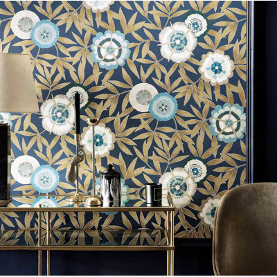 Komovi 10.05m x 52cm Lagoon/Gold Wallpaper Roll