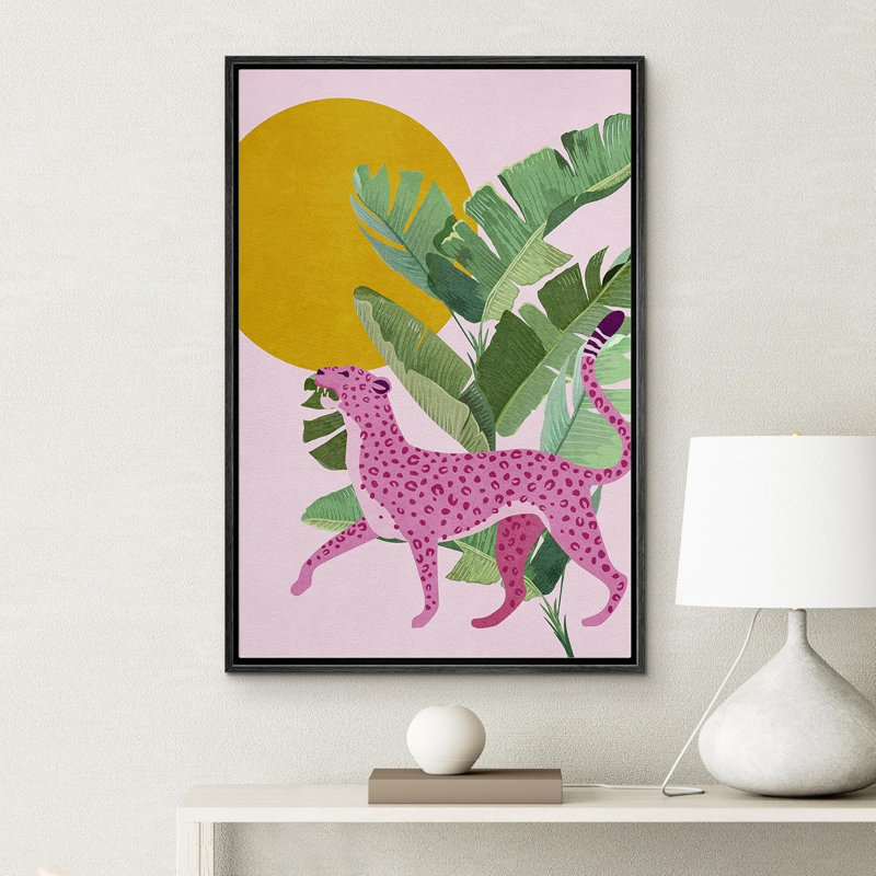 Animaux de style BCBG vif, feuille de palmier, guépard rose, animaux de chambre tropicaux, style bohème moderne, Noir