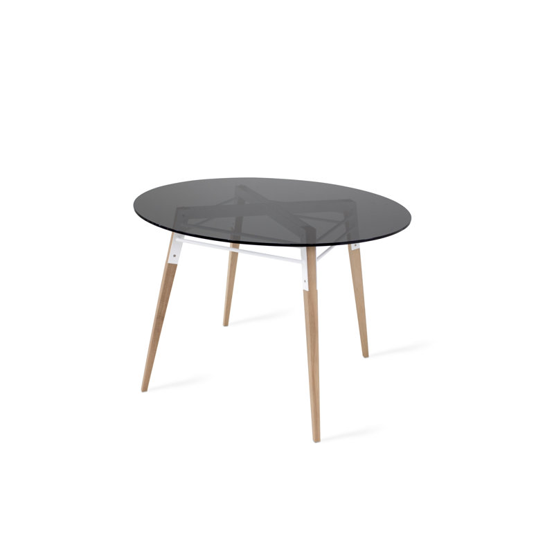 Tronk Round Glass Top Dining Table, White/Oak