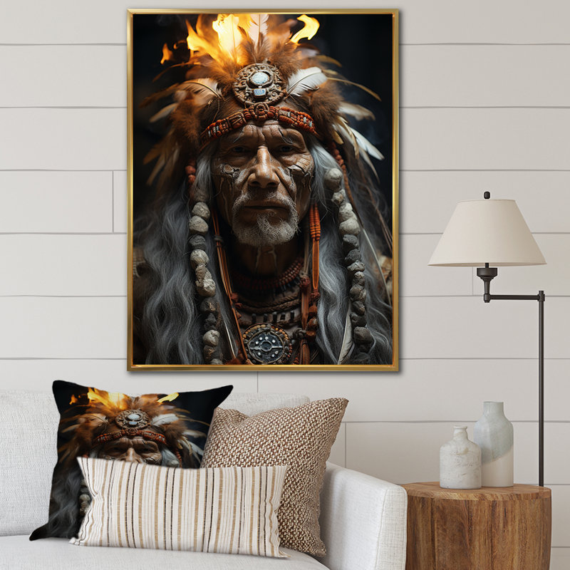 Native Art Shamans Portrait II - Impression sur toile Native American, H 32 po x l 24 po x P 1 po, Cadre flottant doré
