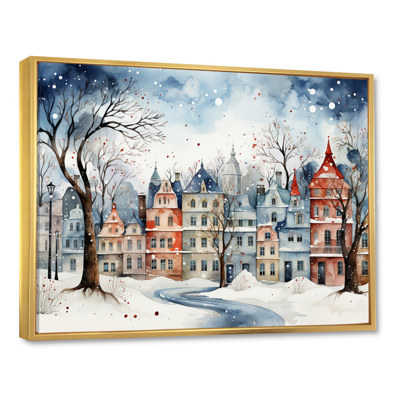 «Christmas village in Winter III - Winter Landscape», art mural encadré, Cadre flottant doré, H 30 po x l 40 po x P 1,5 po