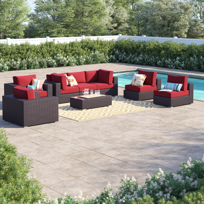 Ensemble de conversation modulaire en rotin 8 pièces avec coussins Convene, Espresso et rouge