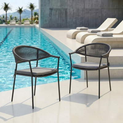 Harbor Modern Rope Woven Patio Dining Chairs - All-Weather Stackable Outdoor & Indoor - Armchairs Black Charcoal Powder Coated Steel with Premium Cushions (Set of 2)