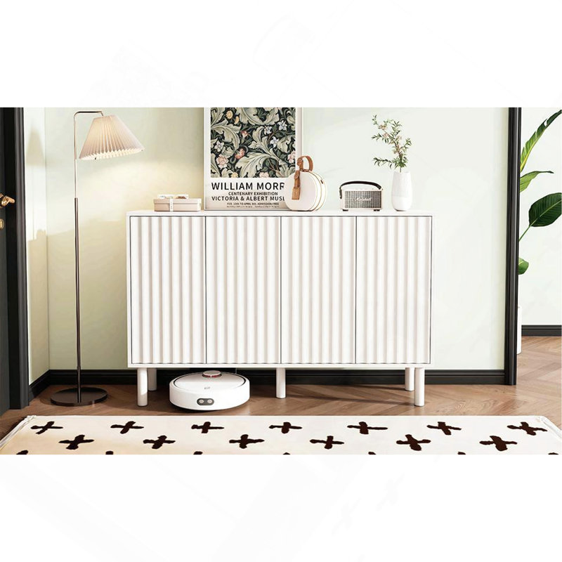 Sideboard 13.7" On-Trend Minimalist Shoe Cabinet With 5 Solid Wood Legs, Cream Style Buffet With Fluted Doors, Large 4 Doors Storage With Adjustable Shelves For Living Room, White, 55.1*