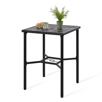 Machado Outdoor 28 Inch Square Metal 2-Person Bar Table with Mesh Top and 1.57-Inch Umbrella Hole, Powder-coated Iron Frame, for Patio, Black with Gol by Wrought Studio
