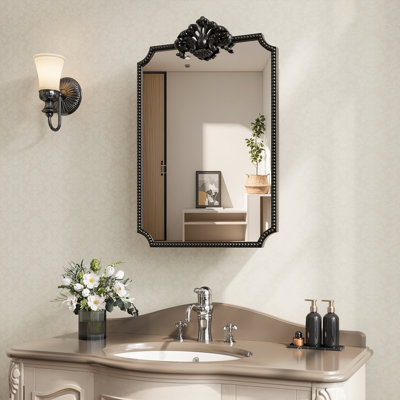 24" x 35" Vintage Rectangle Medicine Cabinet with Mirror, Bathroom Storage Wall Mounted Cabinet with Recessed/Surface Mount Options, Retro Baroque Design, Black Beaded Border, Easy Installation