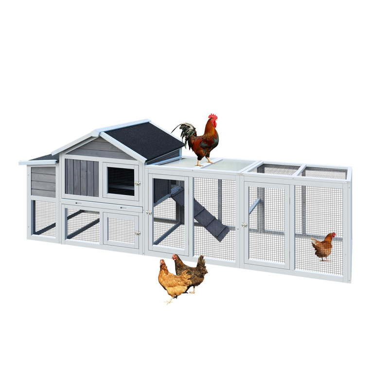 Poulailler en bois gris, grand poulailler extérieur avec cage à poules et cage de nidification, clapier à lapin, panneau anti-UV imperméable pour la cour