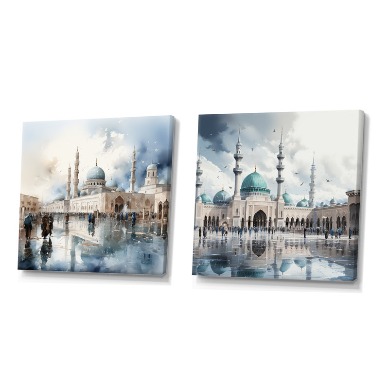 «Mosquée blanche et bleue», ensemble de 2 «Mystets», Toile tendue, H 16 po x l 33 po x P 1 po