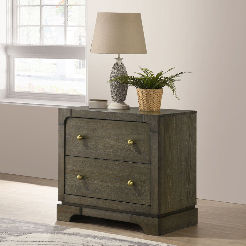 2 Drawers Wooden Nightstand With Brass Knobs In Dark Cocoa