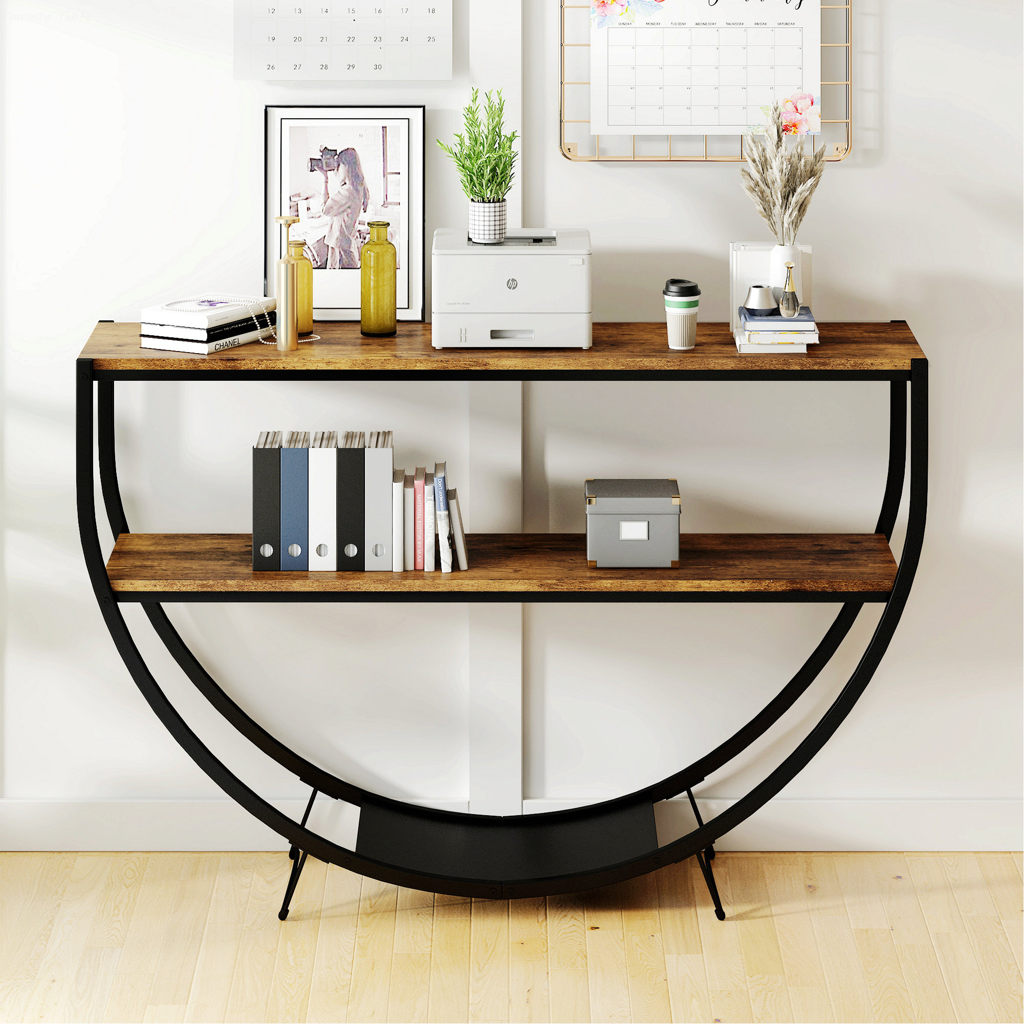 17 Stories Industrial Design Wooden Console Table With Shelf And Metal ...