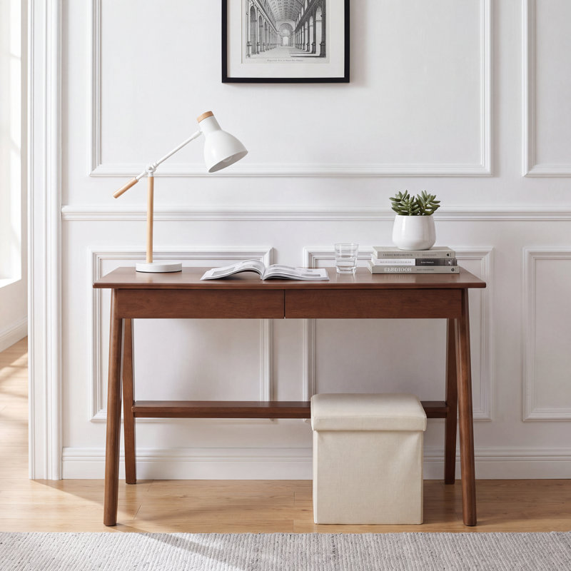  Bureau 47 po Mid-Century moderne en bois d'hévéa massif avec 2 tiroirs, 47.25"W x 22.05"D, Brown