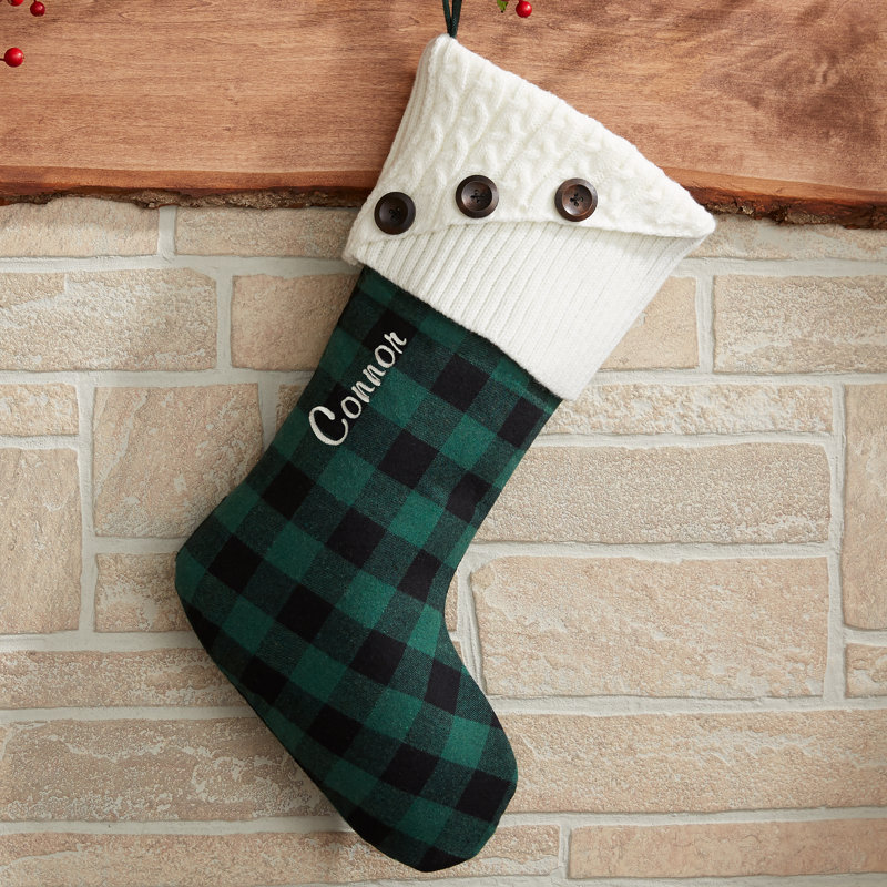  Green Buffalo Check Personalized Christmas Stocking, Yes