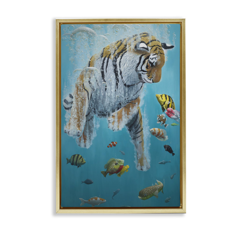 Cadre flottant nageant parmi les poissons, design par Heather, H 25 po x l 17 po, Cadre flottant métallique doré