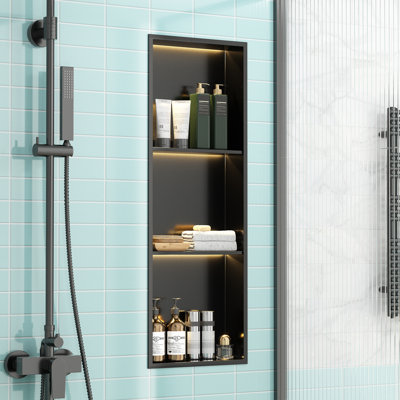 LED Shower Niche 12"W x 36"H - No Tile Needed 304 Stainless Steel Waterproof Bathroom Shelf with Lighting, Vertical or Horizontal Install