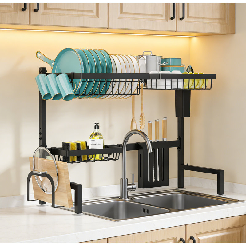 Adjustable Over-the-Sink Stainless Steel Dish Drying Rack, Large-Capacity Kitchen Organizer, Black