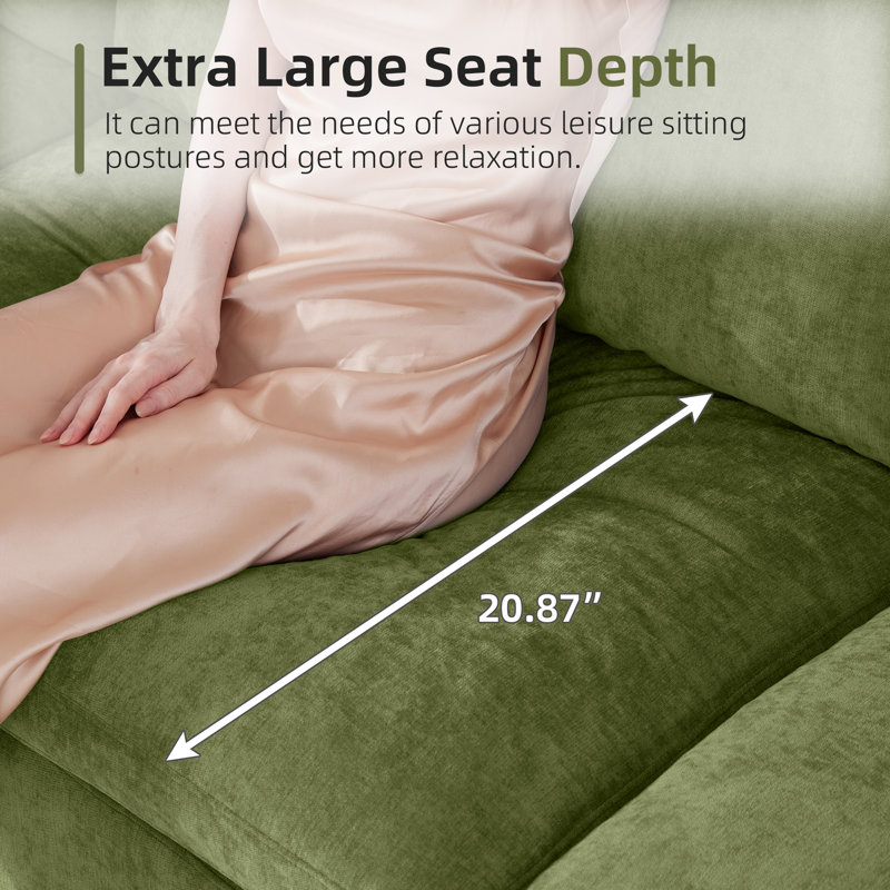 82.7” W Oversized Down-Filled 3-Seater Modular Sofa With Ottoman, 34.6" H x 82.7" W x 66.9" D, Green Velvet