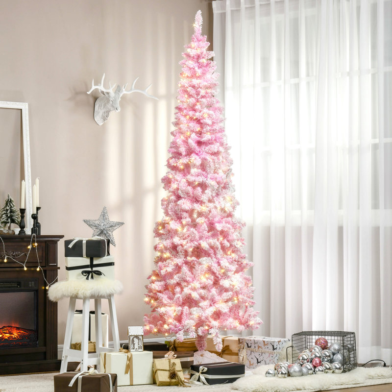 Arbre de Noël artificiel enneigé avec forme de crayon, branches réalistes en pin, lumières DEL blanc chaud, ouverture automatique, rose