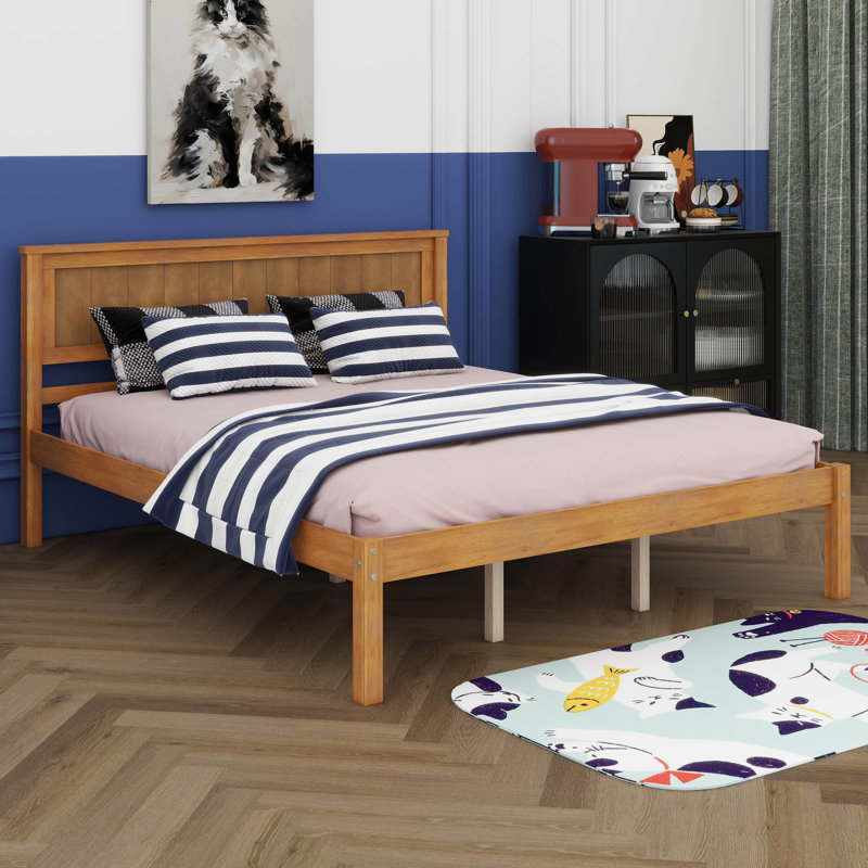 Base de lit plateforme avec tête de lit, support à lattes de bois, aucun sommier requis, grand, Chêne