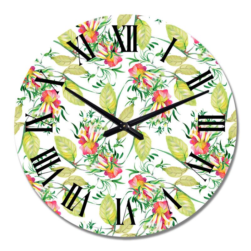 Horloge murale à motif de fleurs rouges et de feuilles vertes, Grand