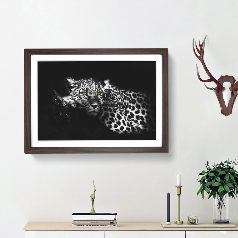 Leopard with Green Eyes High - Picture Frame Graphic Art Print, 45cm H x 63cm W x 2cm D, Walnut Framed