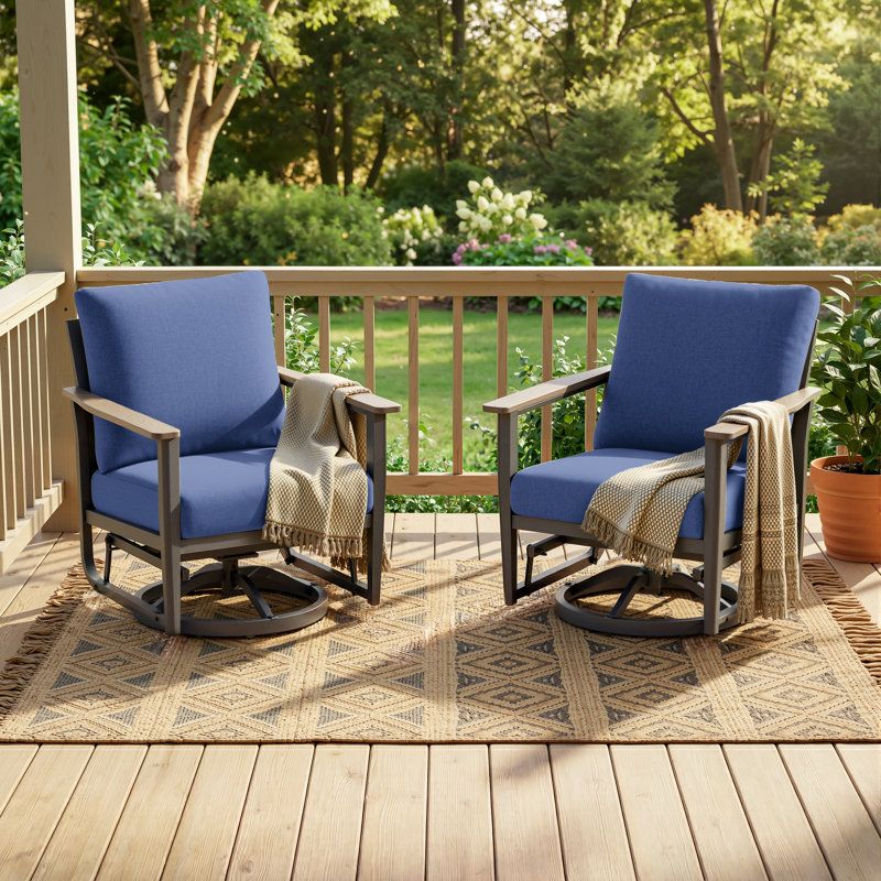 2 Person Aluminum Outdoor Swivel Rocking Armchairs With Cushions, Navy Blue