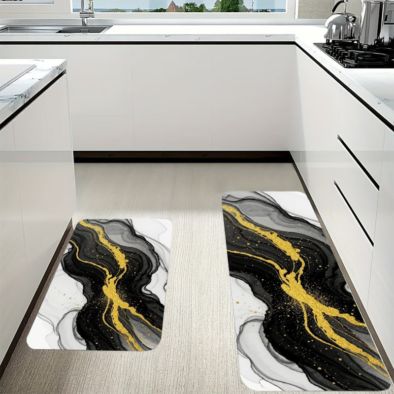Ensemble de 2 tapis de sol de luxe en flanelle à motif tourbillon d'encre dorée