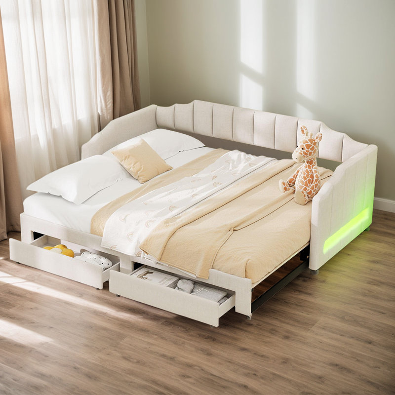Adjustable Linen Upholstered Daybed With Twin XL Expansion, Storage Drawers & LED Features, Beige