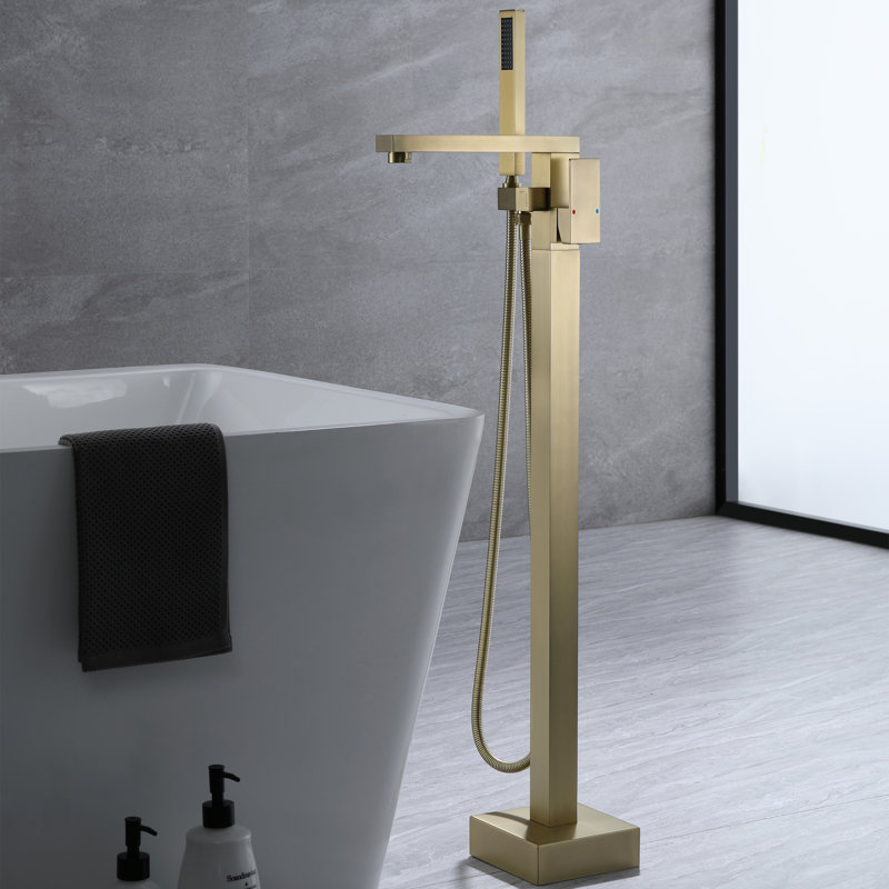 304 Stainless Steel Freestanding Tub Faucet With Handheld Shower, Brushed Gold