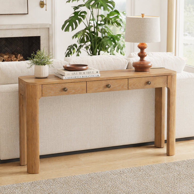 Safety-Focused Vintage Console Table With Rounded Corners&Storage Drawers & Decorative Display Function, Natural Wood