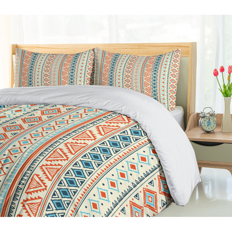 Aztec Pattern Blue Orange Ivory Queen Duvet Cover Set