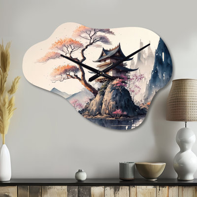 Loscalzo, aquarelle, paysage japonais II - horloge murale asymétrique en métal Bonsai, impression d'horloge nuage gris