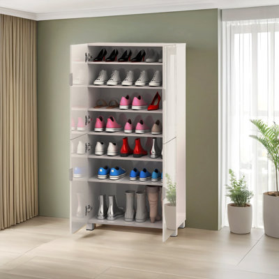 50" Shoe Cabinet for Entryway, 4 Mirror Doors, Holds 24-32 Pairs (Size 15), Adjustable Shelves & Ventilated